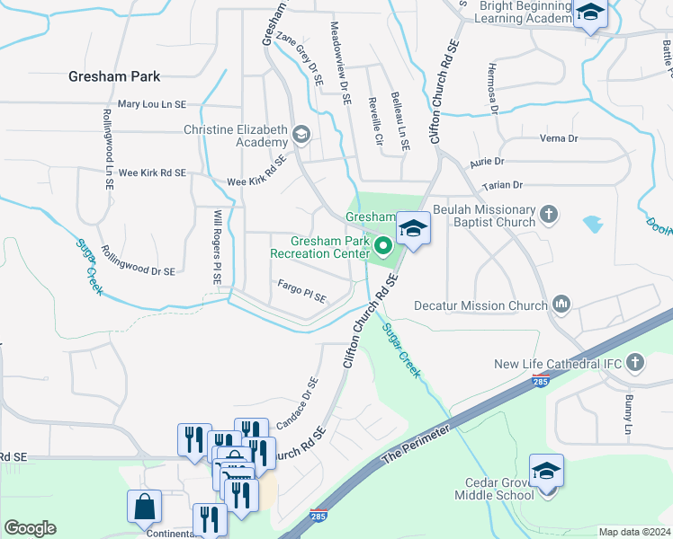map of restaurants, bars, coffee shops, grocery stores, and more near 2070 Mesa Drive Southeast in Atlanta