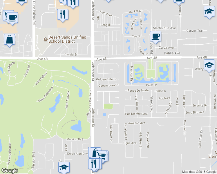 map of restaurants, bars, coffee shops, grocery stores, and more near 80135 Queensboro Drive in Indio