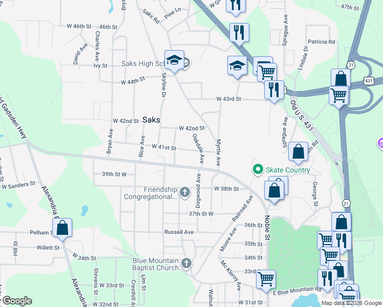 map of restaurants, bars, coffee shops, grocery stores, and more near 308 West 41st Street in Anniston