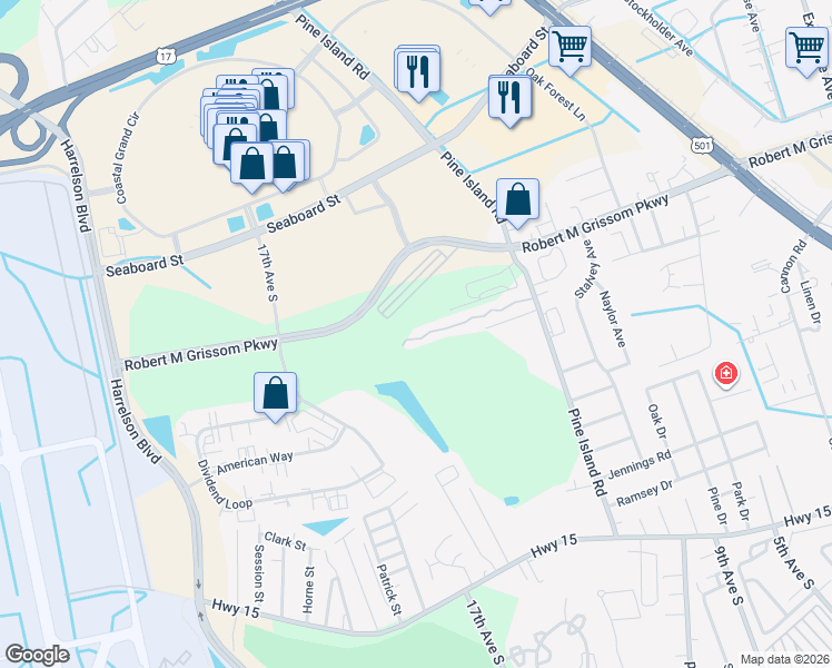 map of restaurants, bars, coffee shops, grocery stores, and more near 36 Pine Island Road in Myrtle Beach