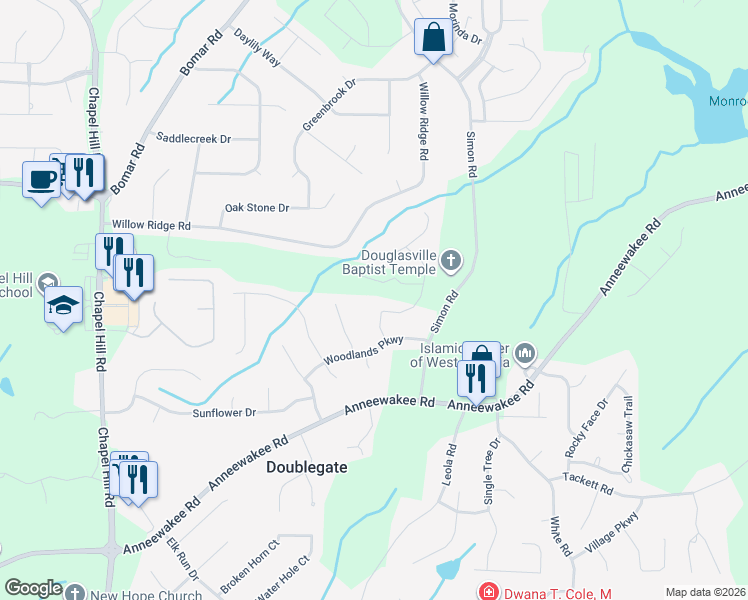 map of restaurants, bars, coffee shops, grocery stores, and more near 4039 Robindale Drive in Douglasville