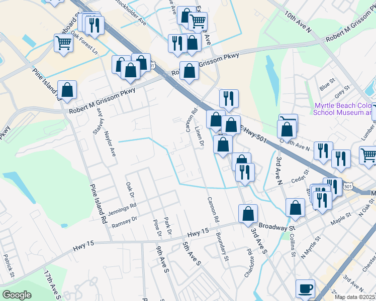 map of restaurants, bars, coffee shops, grocery stores, and more near 1415 Cannon Road in Myrtle Beach