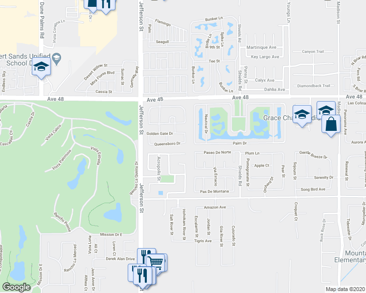 map of restaurants, bars, coffee shops, grocery stores, and more near 80234 Barcelona Avenue in Indio