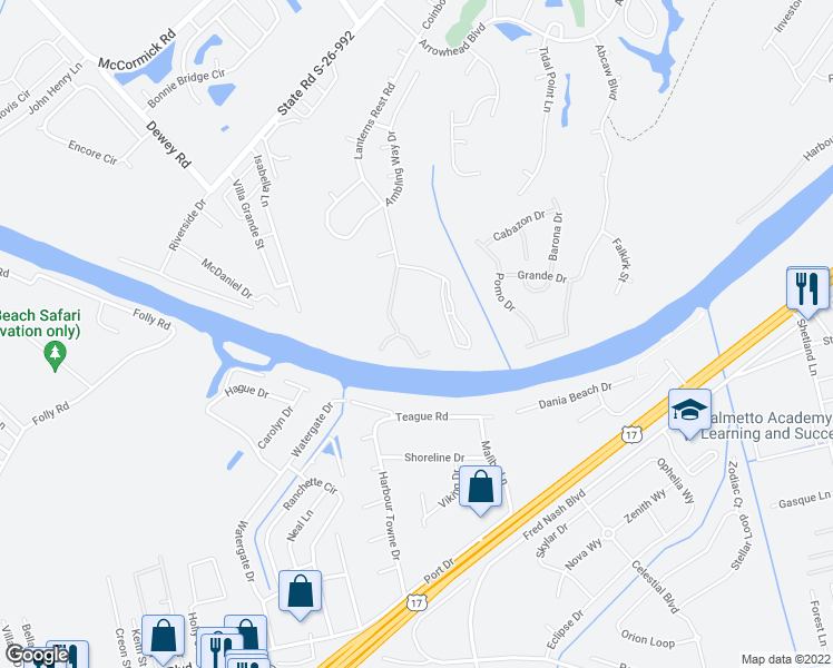 map of restaurants, bars, coffee shops, grocery stores, and more near 1530 Lanterns Rest Road in Myrtle Beach