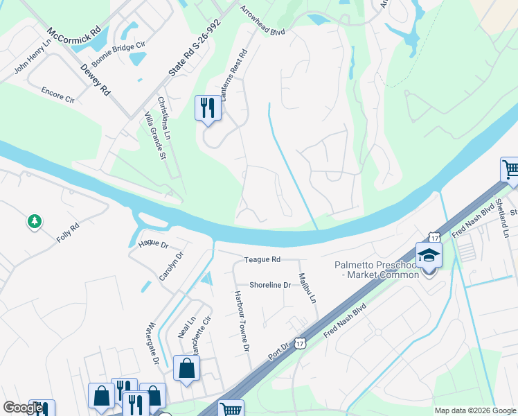 map of restaurants, bars, coffee shops, grocery stores, and more near 1529 Lanterns Rest Road in Myrtle Beach