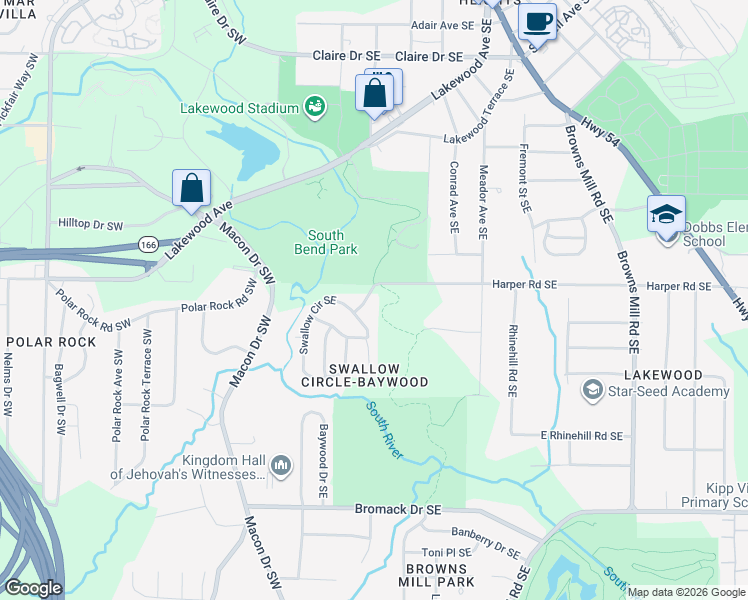 map of restaurants, bars, coffee shops, grocery stores, and more near 2434 Swallow Circle Southeast in Atlanta
