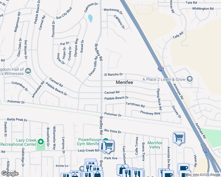 map of restaurants, bars, coffee shops, grocery stores, and more near 29764 Carmel Road in Menifee