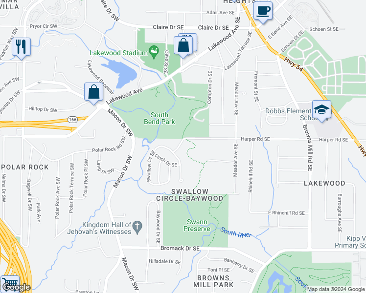 map of restaurants, bars, coffee shops, grocery stores, and more near 97 Harper Road Southeast in Atlanta