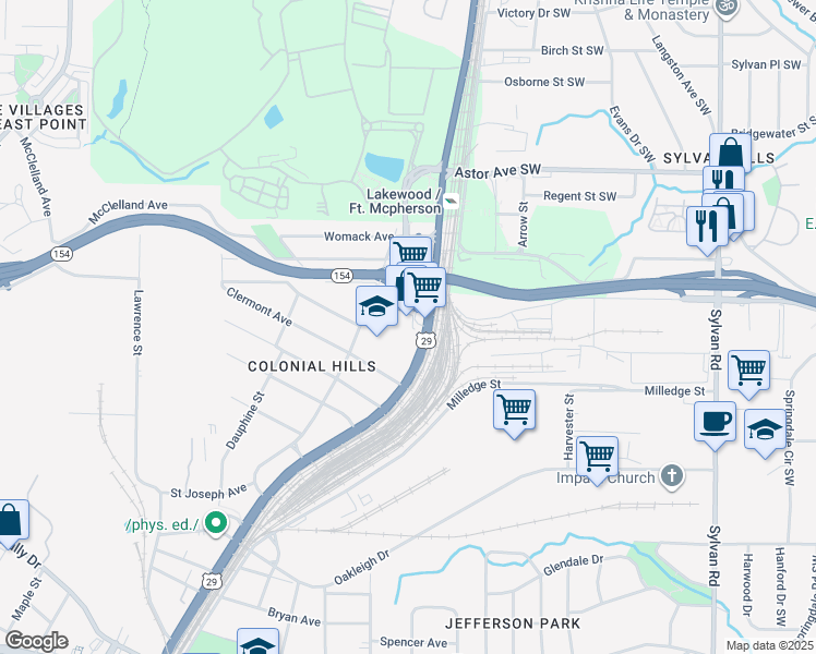 map of restaurants, bars, coffee shops, grocery stores, and more near 2149 Main Street in East Point