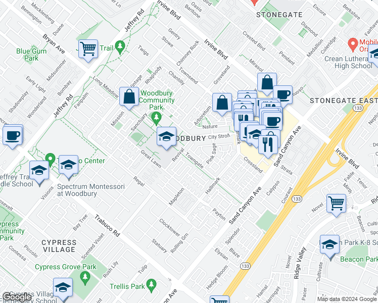 map of restaurants, bars, coffee shops, grocery stores, and more near 51 Towngate in Irvine