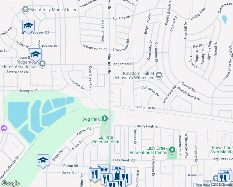 map of restaurants, bars, coffee shops, grocery stores, and more near 29260 Camino Del Sol Este in Menifee