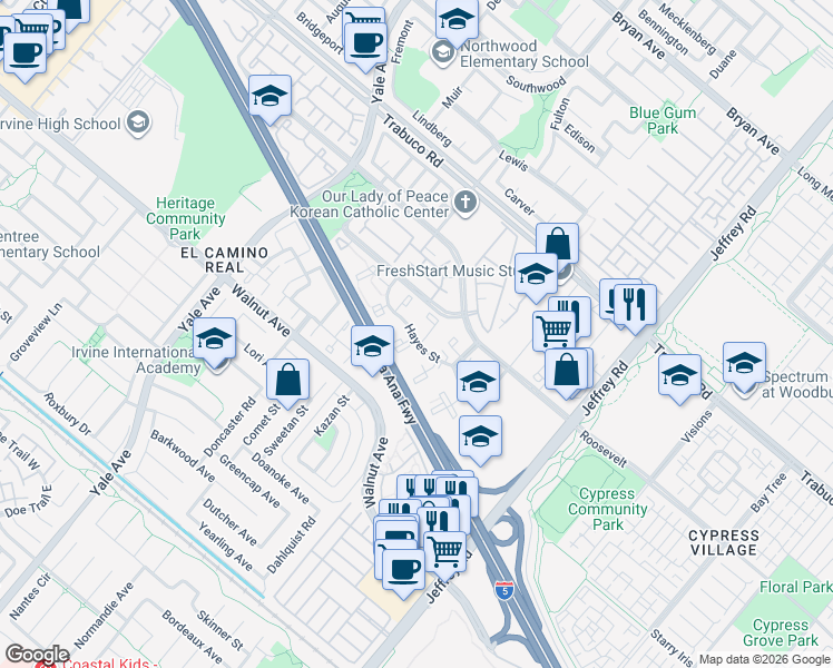 map of restaurants, bars, coffee shops, grocery stores, and more near 600 Hayes Street in Irvine