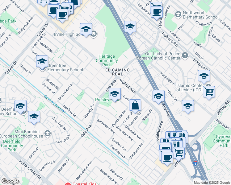 map of restaurants, bars, coffee shops, grocery stores, and more near 14621 Lofty Street in Irvine