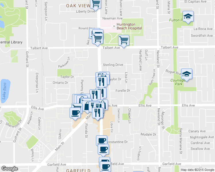 map of restaurants, bars, coffee shops, grocery stores, and more near 18354 Beach Boulevard in Huntington Beach