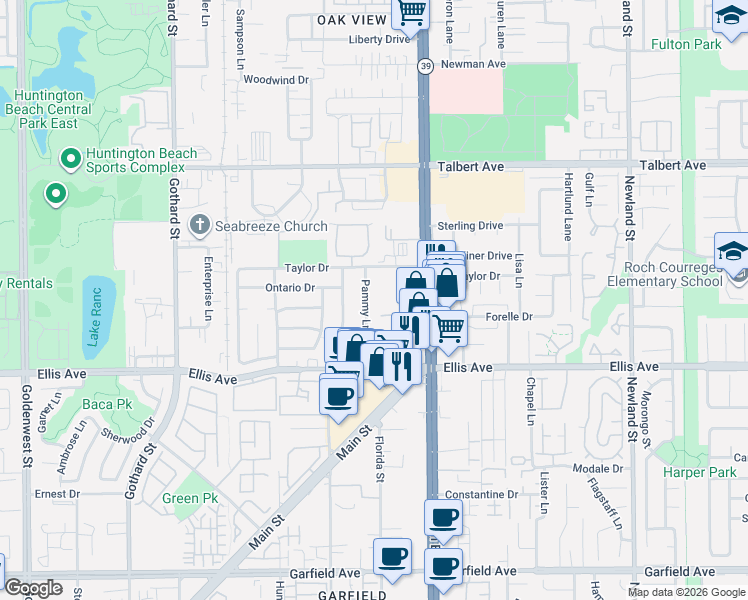 map of restaurants, bars, coffee shops, grocery stores, and more near 18352 Pammy Lane in Huntington Beach