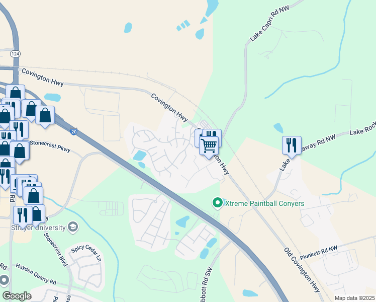 map of restaurants, bars, coffee shops, grocery stores, and more near 2578 Jeremiah Industrial Way Southwest in Conyers