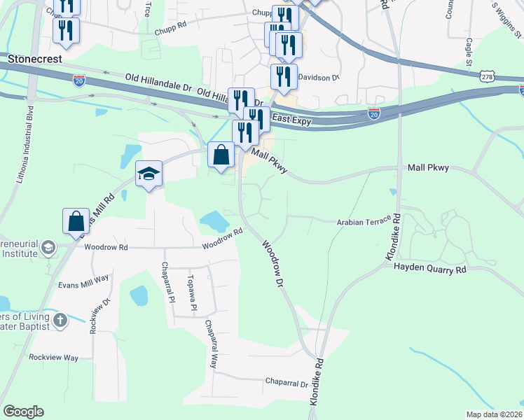 map of restaurants, bars, coffee shops, grocery stores, and more near 3004 Heritage Villa Drive in Stonecrest