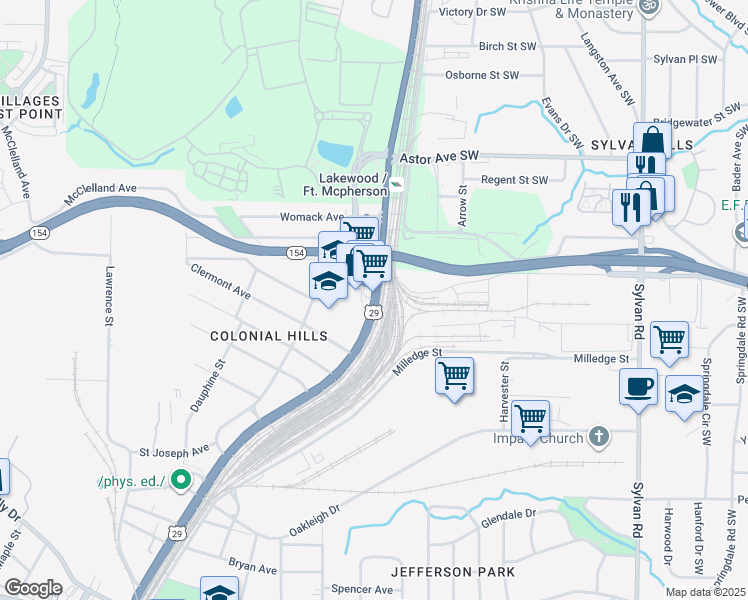 map of restaurants, bars, coffee shops, grocery stores, and more near 2149 Main Street in East Point