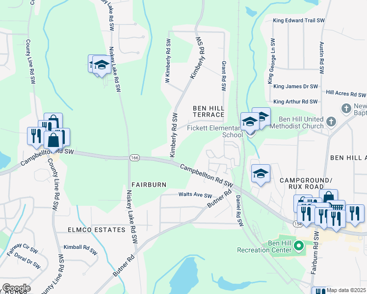 map of restaurants, bars, coffee shops, grocery stores, and more near 2128 Kimberly Road Southwest in Atlanta