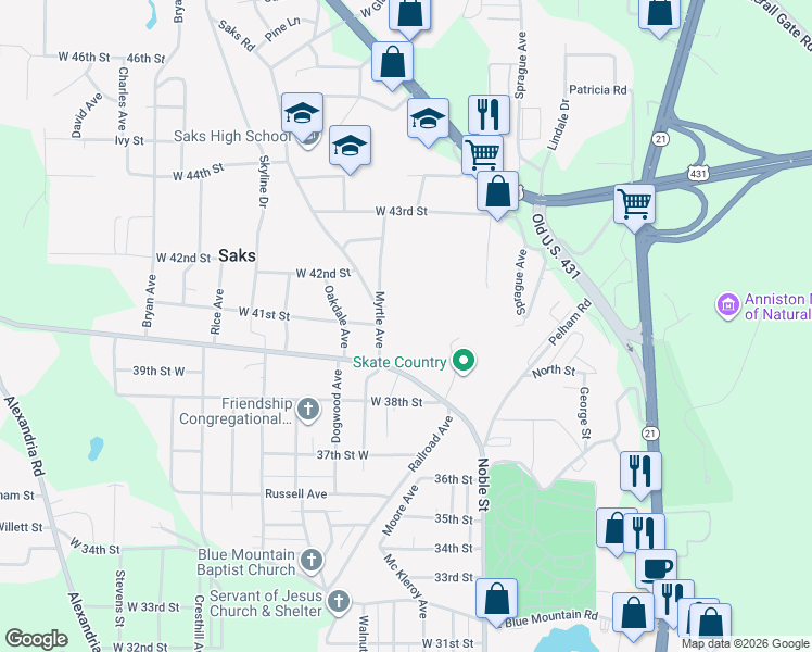 map of restaurants, bars, coffee shops, grocery stores, and more near 4007 Saks Road in Anniston