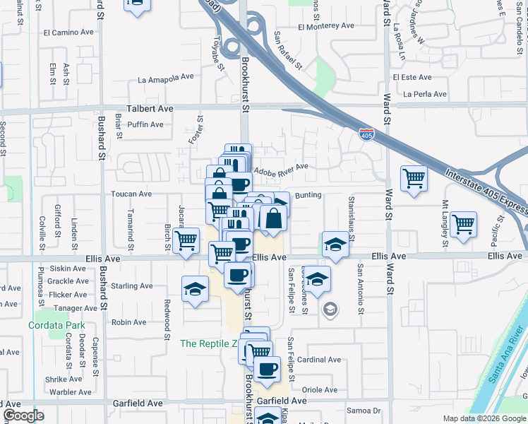 map of restaurants, bars, coffee shops, grocery stores, and more near 10097 Whippoorwill Avenue in Fountain Valley