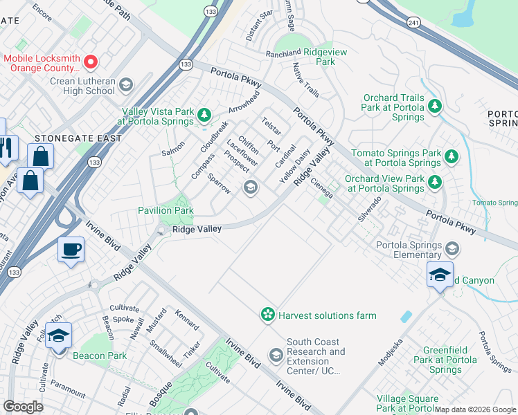 map of restaurants, bars, coffee shops, grocery stores, and more near 103 Prairie Rose in Irvine