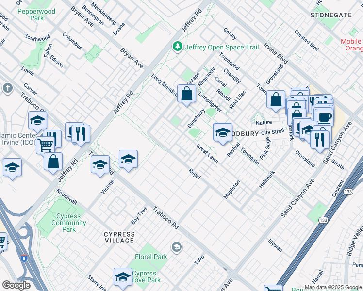 map of restaurants, bars, coffee shops, grocery stores, and more near 99 Alhambra in Irvine
