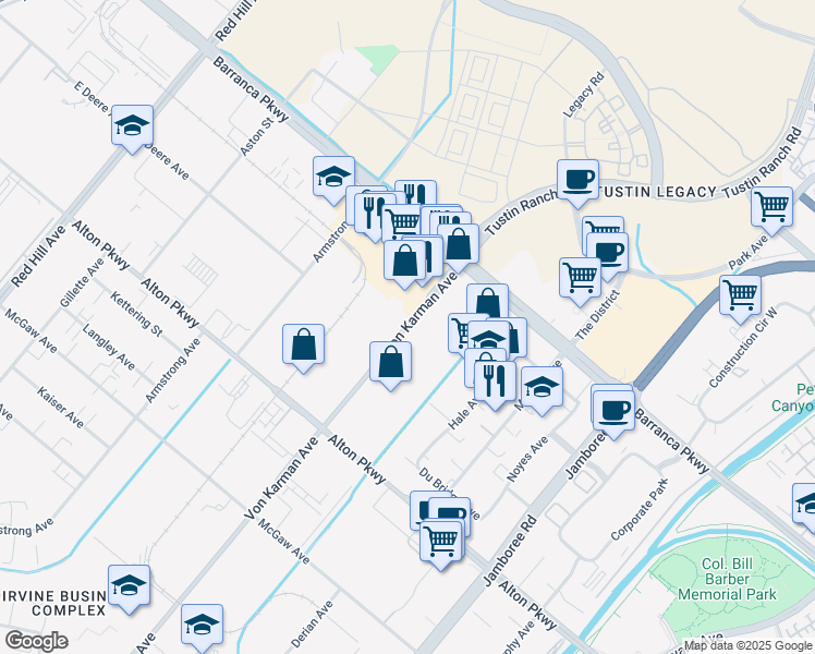 map of restaurants, bars, coffee shops, grocery stores, and more near 16735 Von Karman Avenue in Irvine