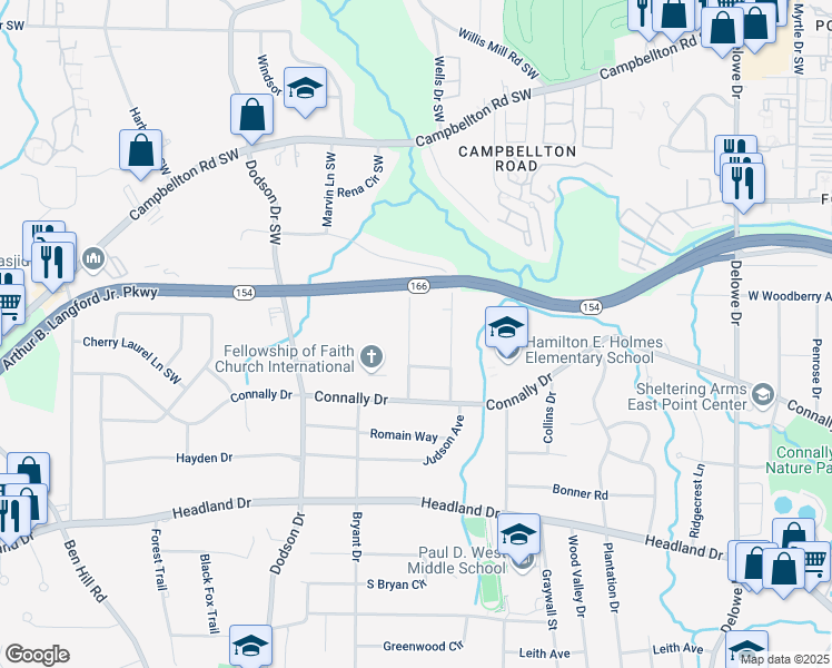 map of restaurants, bars, coffee shops, grocery stores, and more near 2152 Castlewood Street in East Point