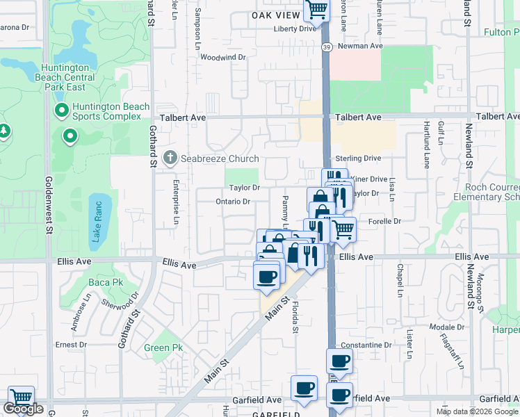 map of restaurants, bars, coffee shops, grocery stores, and more near 18361 Delaware Street in Huntington Beach