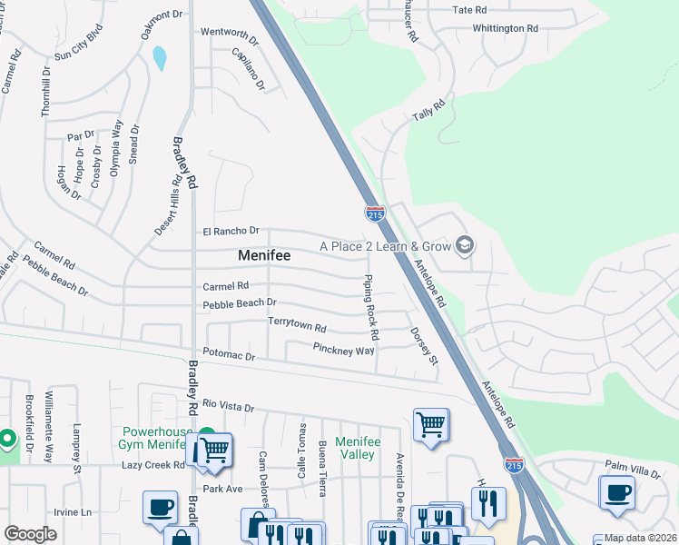 map of restaurants, bars, coffee shops, grocery stores, and more near 30020 Thornhill Drive in Menifee