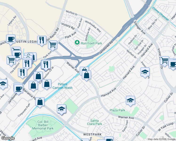 map of restaurants, bars, coffee shops, grocery stores, and more near 309 Larkspur Street in Tustin