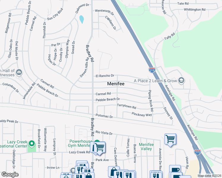 map of restaurants, bars, coffee shops, grocery stores, and more near 29661 Thornhill Drive in Menifee