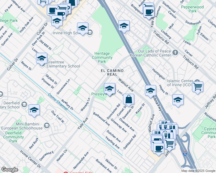 map of restaurants, bars, coffee shops, grocery stores, and more near 14612 Highcrest Circle in Irvine