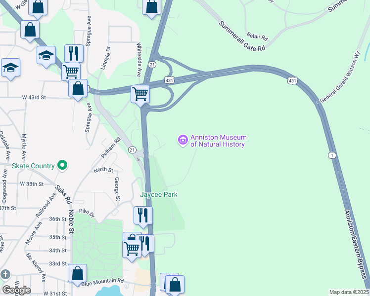 map of restaurants, bars, coffee shops, grocery stores, and more near 800 Museum Dr Lagarde Park in Anniston