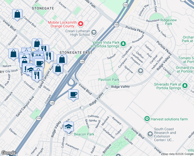 map of restaurants, bars, coffee shops, grocery stores, and more near 136 Java in Irvine