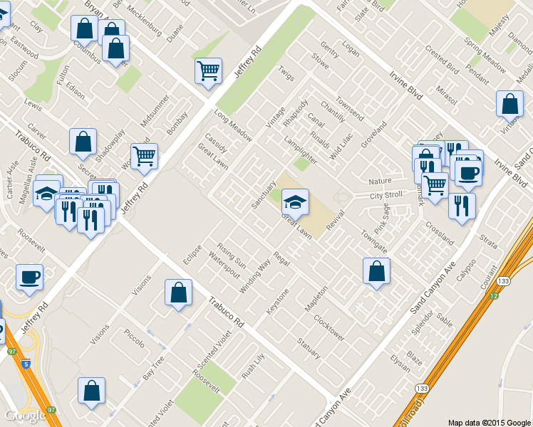 map of restaurants, bars, coffee shops, grocery stores, and more near 127 Alhambra in Irvine