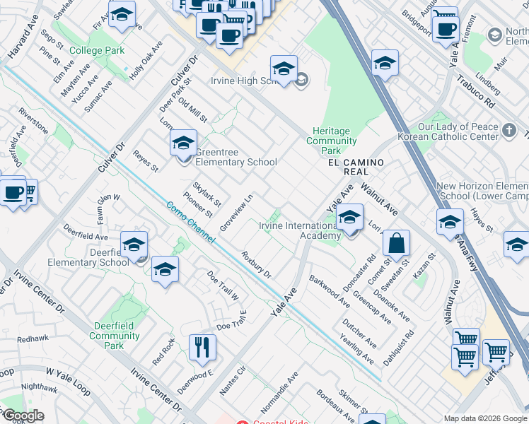 map of restaurants, bars, coffee shops, grocery stores, and more near 14852 Willows Park Walkway in Irvine