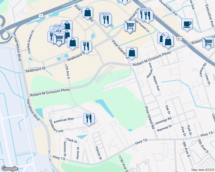 map of restaurants, bars, coffee shops, grocery stores, and more near 53 Pine Island Road in Myrtle Beach