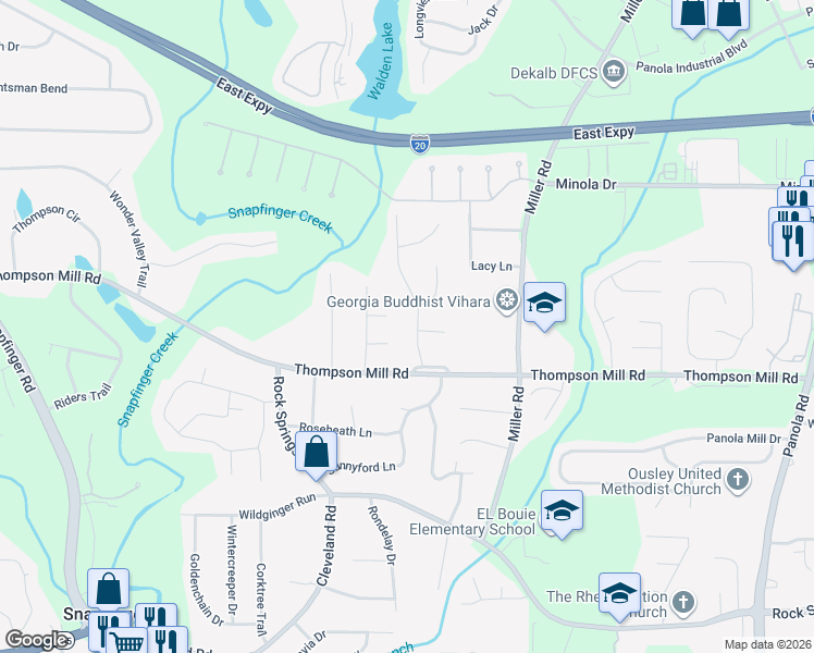 map of restaurants, bars, coffee shops, grocery stores, and more near 3024 Stratford Mill Road in Stonecrest