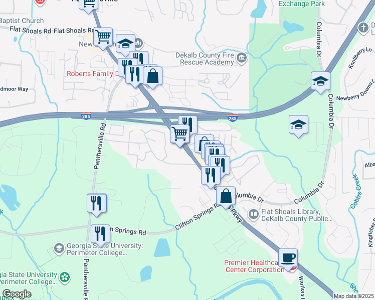 map of restaurants, bars, coffee shops, grocery stores, and more near 3855 Flat Shoals Parkway in Decatur