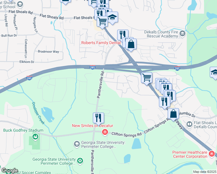 map of restaurants, bars, coffee shops, grocery stores, and more near 3250 Panthersville Road in Decatur