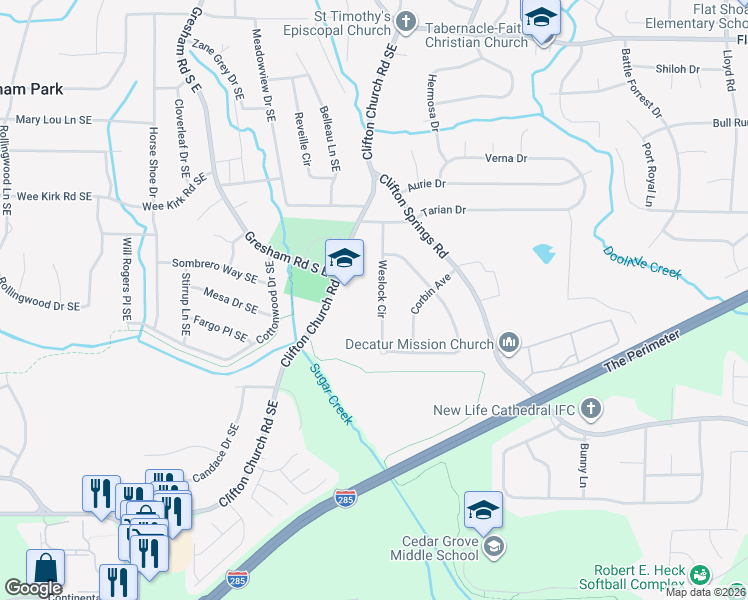 map of restaurants, bars, coffee shops, grocery stores, and more near 3058 Weslock Circle in Decatur
