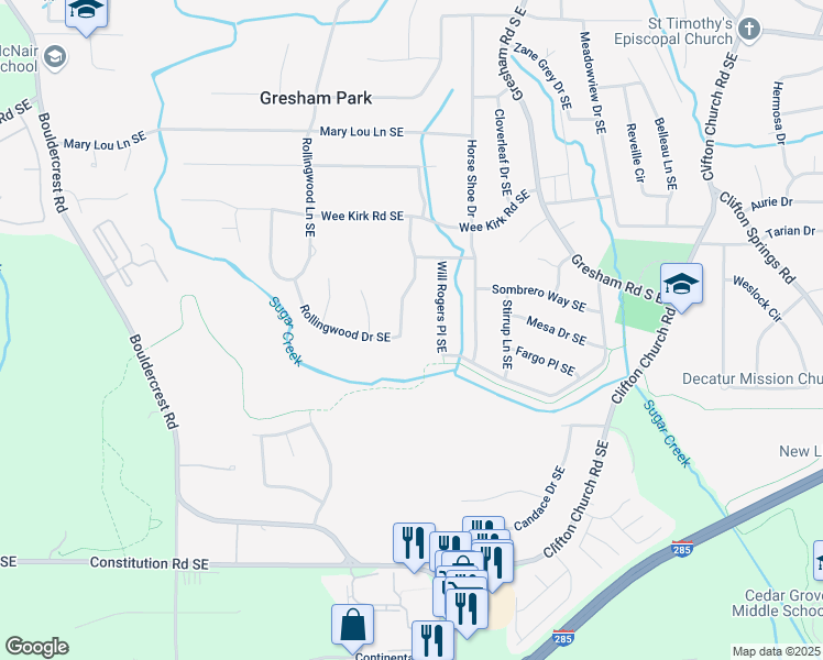 map of restaurants, bars, coffee shops, grocery stores, and more near 1911 Rollingwood Drive Southeast in Atlanta