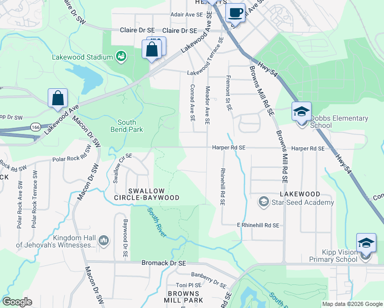 map of restaurants, bars, coffee shops, grocery stores, and more near 2135 Meador Avenue Southeast in Atlanta