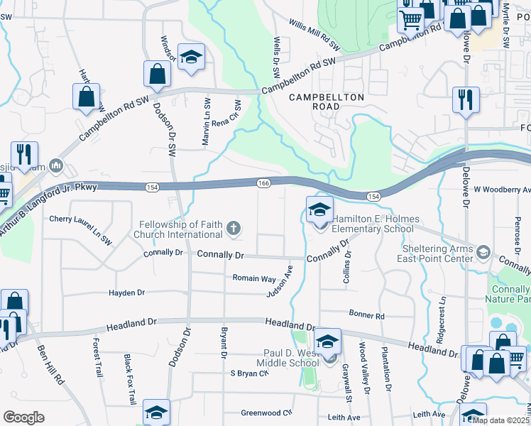 map of restaurants, bars, coffee shops, grocery stores, and more near 2152 Castlewood Street in East Point