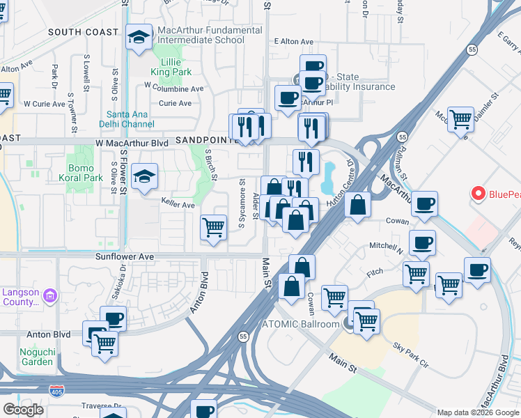 map of restaurants, bars, coffee shops, grocery stores, and more near 3817 Alder Street in Santa Ana