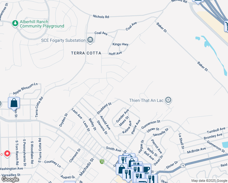 map of restaurants, bars, coffee shops, grocery stores, and more near 4448 Savona Lane in Lake Elsinore