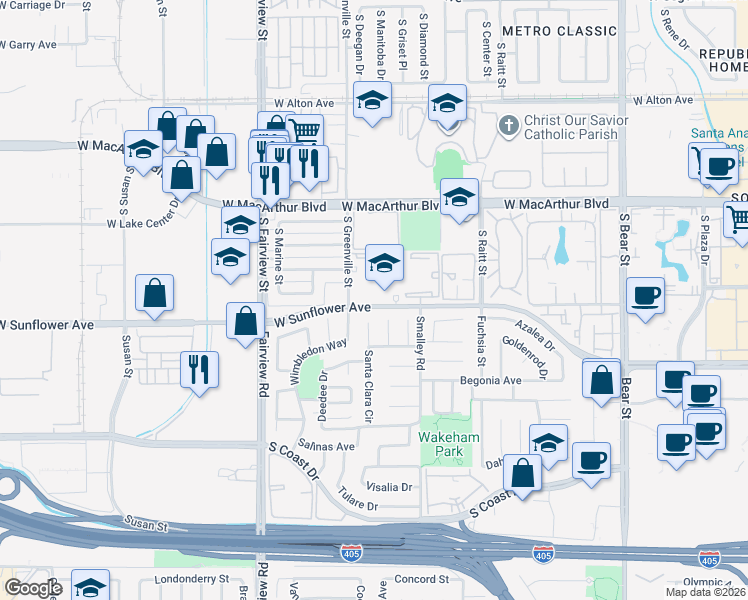 map of restaurants, bars, coffee shops, grocery stores, and more near 2521 West Sunflower Avenue in Santa Ana
