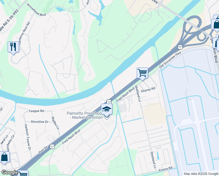 map of restaurants, bars, coffee shops, grocery stores, and more near 257 Venice Way in Myrtle Beach